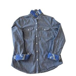 J.McLaughlin Womens M Chambray Denim Button Down Shirt Equestrian Print Cuffs